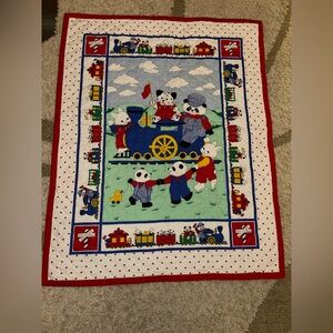 Vintage handmade kid baby quilt blanket  trains panda bunny rabbit white red